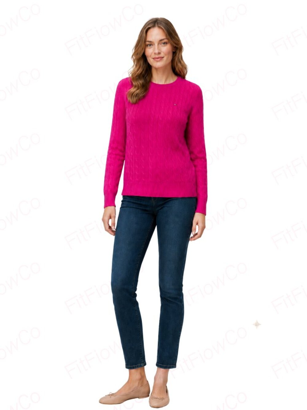 Tommy Hilfiger Pink Cable Knit Sweater Women L Cotton Blend Crewneck Preppy